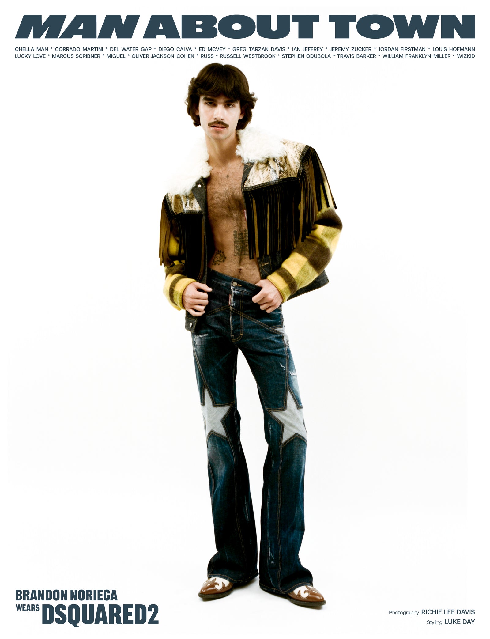 Brandon Noriega Covers Man About Town's Autumn/Winter 2023 Issue, Wearing Dsquared2